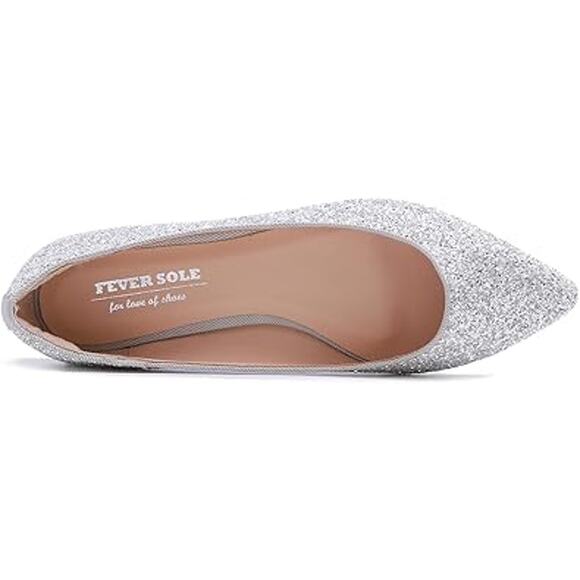 New Fever Sole Womens 7 Silver Glitter Pointed Toe Slip On Ballet Flat Shoes - Picture 2 of 5